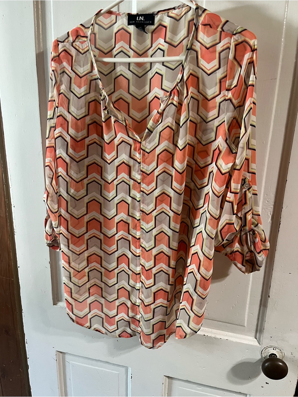 I.N. San Francisco Chevron Print Blouse in Coral and Cream